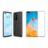 Microcase Huawei P40 Pro Brushed Carbon Fiber Silikon TPU Kılıf - Siyah+Tam Kaplayan Çerçeveli Cam