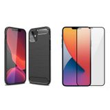 Microcase iPhone 12 Mini Brushed Carbon Fiber Silikon TPU Kılıf - Siyah + Tam Kaplayan Çerçeveli Cam