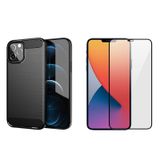 Microcase iPhone 12 Pro Brushed Carbon Fiber Silikon TPU Kılıf - Siyah + Tam Kaplayan Çerçeveli Cam