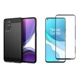 Microcase OnePlus 8T Brushed Carbon Fiber Silikon TPU Kılıf Siyah+Tam Kaplayan Çerçeveli Cam