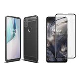 Microcase OnePlus Nord N100 Brushed Carbon Fiber Silikon TPU Kılıf Siyah+Tam Kaplayan Çerçeveli Cam