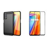 Microcase Realme 7 Brushed Carbon Fiber Silikon Kılıf Siyah+Tam Kaplayan Çerçeveli Cam