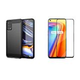 Microcase Realme 7 pro Brushed Carbon Fiber Silikon Kılıf Siyah+Tam Kaplayan Çerçeveli Cam