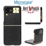 Microcase Samsung Galaxy Z Flip 3 İçin Deri Desenli Plastik Koruma Kılıf - Siyah
