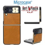 Microcase Samsung Galaxy Z Flip 3 İçin Deri Desenli Plastik Koruma Kılıf - Taba