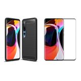 Microcase Xiaomi Mi 10 Brushed Carbon Fiber Silikon TPU Kılıf Siyah+Tam Kaplayan Çerçeveli Cam