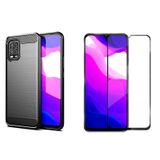 Microcase Xiaomi Mi 10 Lite Brushed Carbon Fiber Silikon Kılıf Siyah+Tam Kaplayan Çerçeveli Cam