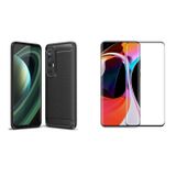 Microcase Xiaomi Mİ 10S Brushed Carbon Fiber Silikon Kılıf Siyah+3D Tam Kaplayan Çerçeveli Cam