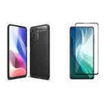 Microcase Xiaomi Mİ 11İ Brushed Carbon Fiber Silikon Kılıf Siyah+Tam Kaplayan Çerçeveli Cam