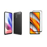 Microcase Xiaomi Poco F3 Brushed Carbon Fiber Silikon Kılıf Siyah+Tam Kaplayan Çerçeveli Cam