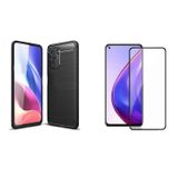 Microcase Xiaomi Redmi K40 Brushed Carbon Fiber Silikon Kılıf Siyah+Tam Kaplayan Çerçeveli Cam