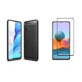 Microcase Xiaomi Redmi Note 10 Brushed Carbon Fiber Silikon Kılıf Siyah+Tam Kaplayan Çerçeveli Cam