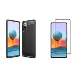 Microcase Xiaomi Redmi Note 10 Pro Brushed Carbon Fiber Silikon Kılıf Siyah+Tam Kaplayan Çerçeveli Cam