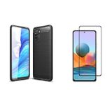 Microcase Xiaomi Redmi Note 10s Brushed Carbon Fiber Silikon Kılıf Siyah+Tam Kaplayan Çerçeveli Cam