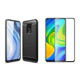 Microcase Xiaomi Redmi Note 9 Brushed Carbon Fiber Silikon Kılıf Siyah+Tam Kaplayan Çerçeveli Cam