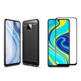 Microcase Xiaomi Redmi Note 9 Pro Brushed Carbon Fiber Silikon TPU Kılıf Siyah+Tam Kaplayan Çerçeveli Cam