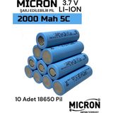 Micron 18650 3.7V (Volt) 2000 MaH(Amper) 5C Lityum Şarj edilebilir 10 Adet Pil(Batarya)