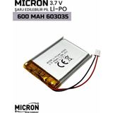 Micron 603035 3.7V 600mAh Li-Polymer (Li-Po) Şarj Edilebilir Pil – Lityum Polimer Batarya