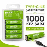 Micron AA Şarj Edilebilir Pil 1.5V 1000 Döngü USB Type-C Girişli AA Kalem Pil 4’lü