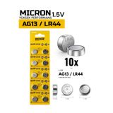 Micron AG13 LR44 A76 357A SR44 1.5V Alkalin Düğme Pil, Lazer, Oyuncak, Saat Pili (10 Adet)