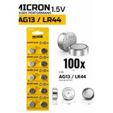 Micron AG13 LR44 A76 357A SR44 1.5V Alkalin Düğme Pil, Lazer, Oyuncak, Saat Pili (100 Adet)