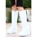 Mida Shoes Atiya Beyaz Deri Diz Altı Dolgu Topuk Kadın Çizme
