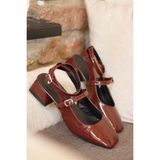 Mida Shoes Mary Jane Bordo Rugan Bilekli Kısa Topuklu Kadın Topuklu Ayakkabı