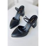 Mida Shoes Siyah Deri Çift Bantlı Topuklu Ayakkabı