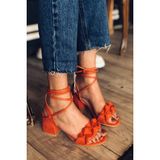 Mida Shoes Turuncu Süet Çiçekli Topuklu Ayakkabı