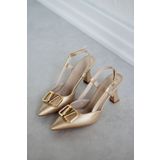 Mida Shoes Y3033 Gold Deri Tokalı Kadın Topuklu Ayakkabı