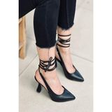 Mida Shoes Y414 Siyah Deri Uzun Bağcıklı Kadın Topuklu Ayakkabı