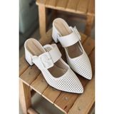 Mida Shoes Ylazy Beyaz Deri Lazer Kesim Hava Alan Kadın Topuklu Ayakkabı
