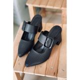 Mida Shoes Ylazy Siyah Deri Lazer Kesim Hava Alan Topuklu Ayakkabı - Pudra - Pudra