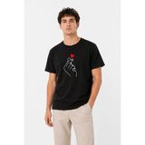 MidasTech Erkek Kore Parmak Kalp Aşk Temalı Minimal Baskılı Tişört Yazlık Kısa Kol T-Shirt - Siyah - XL