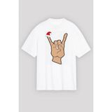 MidasTech Yılbaşı Noel Başlıklı Serçe Parmak Baskılı Oversize Bisiklet Yaka T-Shirt - Beyaz