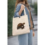 Middles & Niddles Collection Kaykay Süren Kaplumbağa Baskılı Bez Heybe Çanta 36×30 cm – Unisex Teenage Günlük Omuz Çantası - Kahverengi