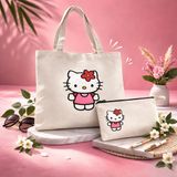 Middles & Niddles Collection Sevimli Kedi Baskılı Bez Çanta & Fermuarlı Cüzdan Set – Kanvas Tote Bag Günlük Omuz Çantası - Kahverengi - Acı Kahverengi