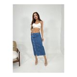 Midi Boy Lacivert Yırtmaçlı Düğmeli Denim Kot Etek NFS500207
