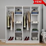 Midoser Kardelen Serisi Mat Beyaz 4 Kapılı 8 Raflı Elbise Dolabı