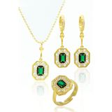 Midyat Nurtaş Gümüş Zümrüt Taşlı Sekizgen Model Gold Kaplama 925 Ayar Gümüş Üçlü Set 201024003