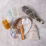 miebox make it easier Macabeli Enerji ve Arınma Seti (İncili Sedef Deniz KabuğuTütsülük + Palo Santo Tütsü + Balmumu Mum + Lavanta Tütsü Demeti + Kese Tuz) (Lavanta Seti)