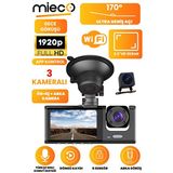 Mieco 1S WiFi 1920p FHD 170 Derece Ultra Geniş Açı Gece Görüşü ve G-Sensörü 2025 3 Kameralı Araç Kamerası