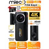 Mieco A7 4K UHD WiFi Adas 150 Derece Ultra Geniş Açı Gece Görüşü Ön - Arka Araç Kamerası 2025 - Hafıza Kartı Hediyeli