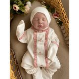 Miel Baby Kız Bebek El Işlemesi Pembe Kuşlu Yenidoğan Tulum ve Şapka Takımı Özel Günler İçin - Ekru - 3 - 6 Ay