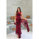 mielva Kadın Bordo Sim İşlemeli Tül Belden Bağlamalı Kolsuz Uzun Abiye Elbise