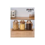 MİEN Akasya Ahşap Standlı 3’lü Çizgili Cam Baharatlık Seti – Yuvarlak – 750 ml
