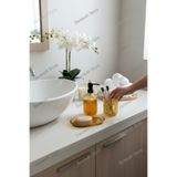 MİEN Sarı Çizgili Cam Banyo Seti | Sıvı Sabunluk, Diş Fırçalık ve Sabunluk | Şık & Modern Tezgâh Üstü Set