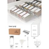 Mienda Home 24'lü Şeffaf Pleksi Standlı Cam Kapaklı Baharatlık Seti Etiket Fırça Huni Hediyeli MH02SLVR24F