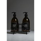 Mienda Home 2'li Amber Cam Sabunluk Seti 500 ml Siyah Metal Stantlı Sudan Etkilenmez Etiketli Takım