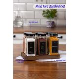 Mienda Home 6'lı Ahşap Kare Standlı Cam Baharatlık Takımı Siyah Etiket Ve Kapaklı Baharatlık Seti Mh01syh06k